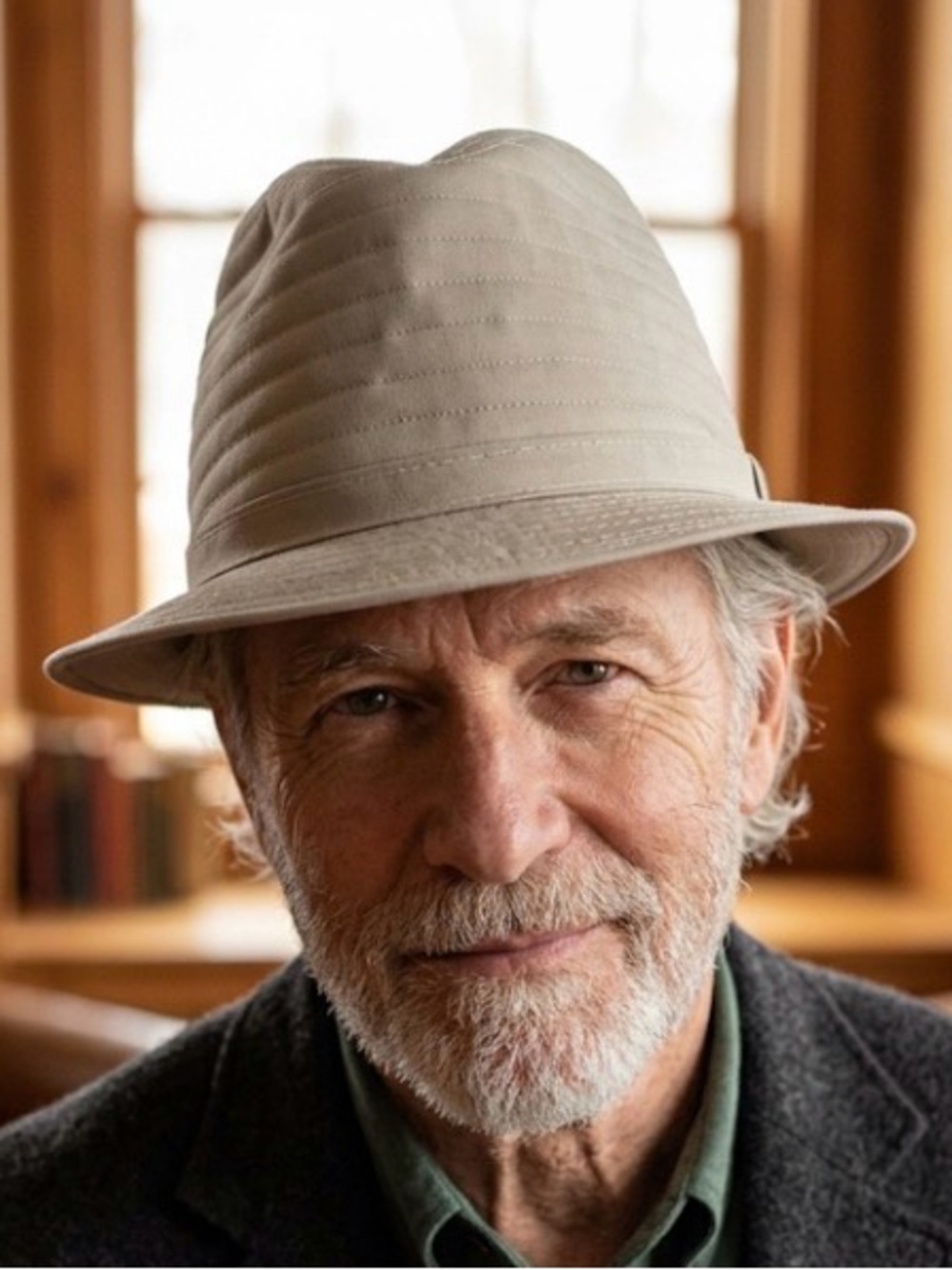 London Fog Quilted Wide-Brim Hat in tan with Black Trim